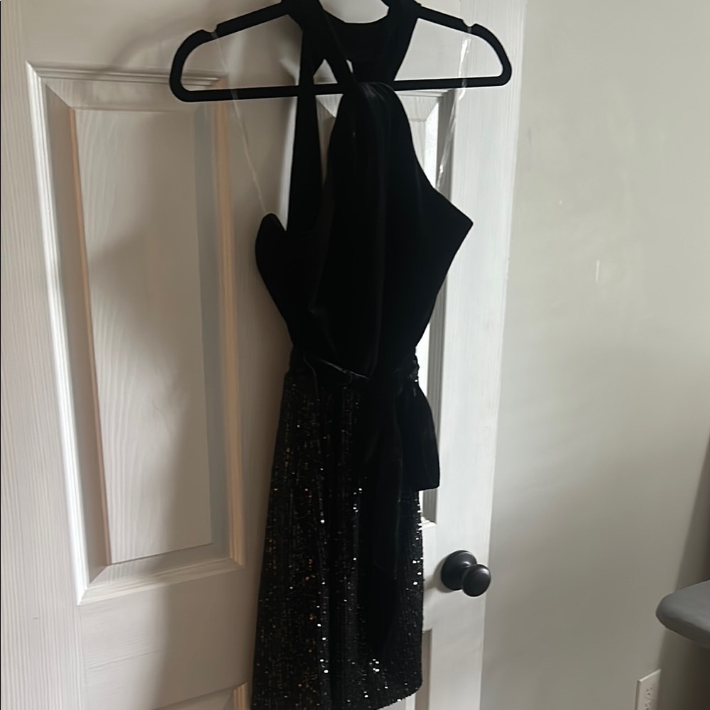 Black Sequin Halter Wrap Dress
